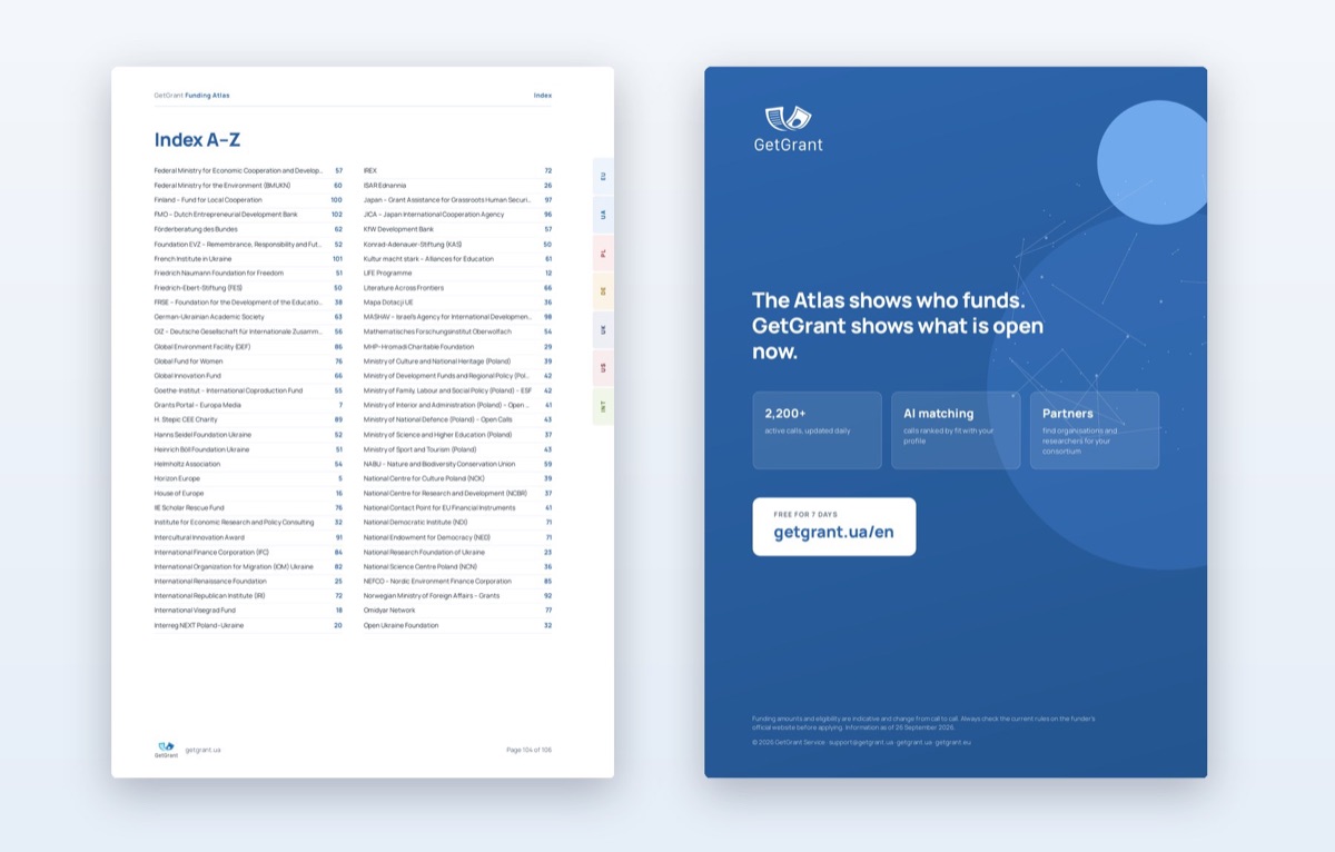 Alphabetical index of funders and the back cover of the atlas
