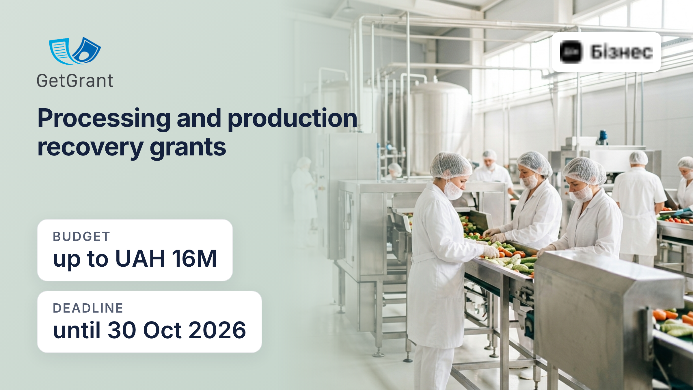 Processing and recovery grants: up to UAH 8 million for a processing enterprise and up to UAH 16 million for recovery, final intake until 30 October