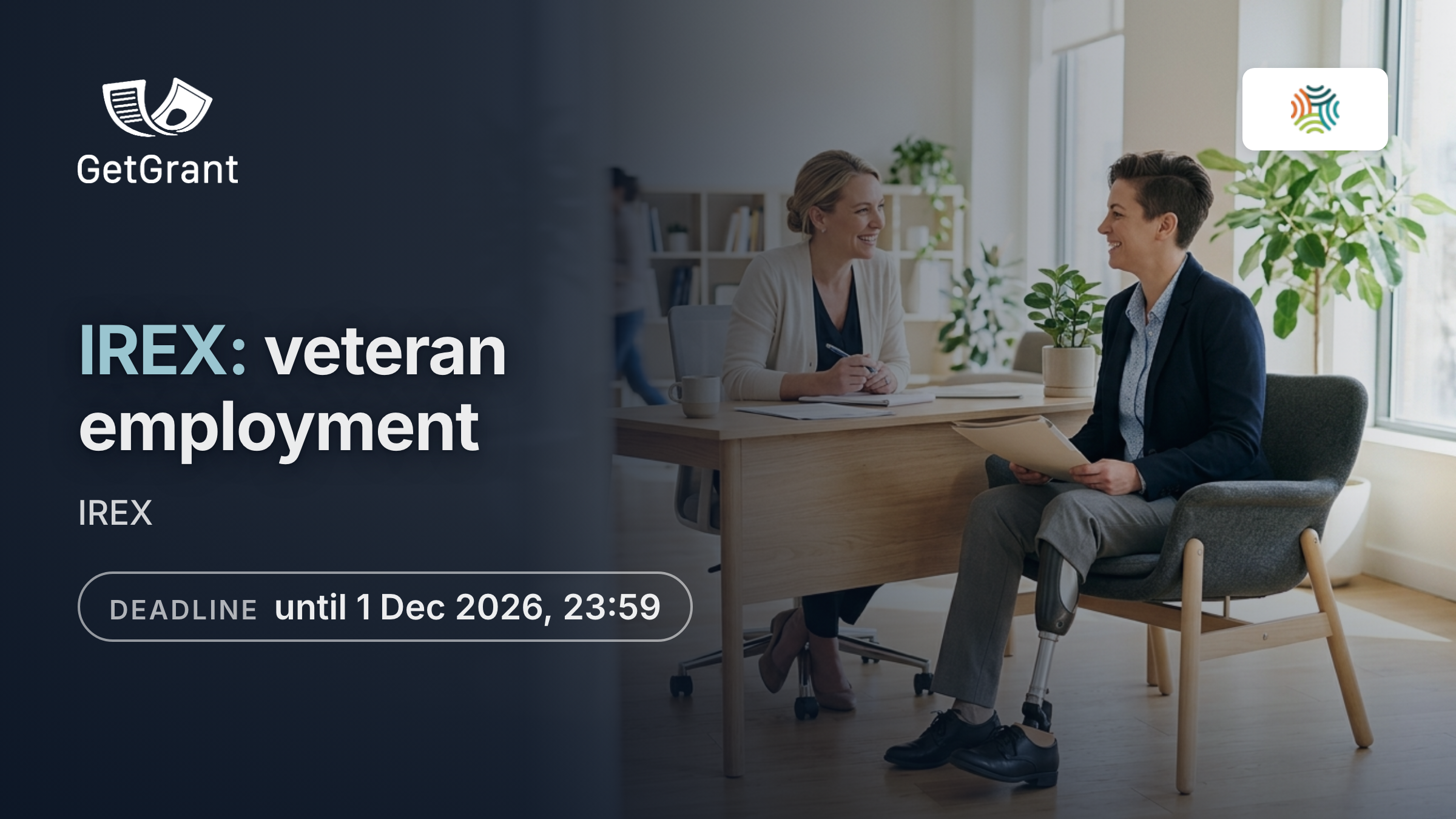 IREX: grants for civil society organisations to build an employment model for veterans, including veterans with disabilities, applications until 1 December