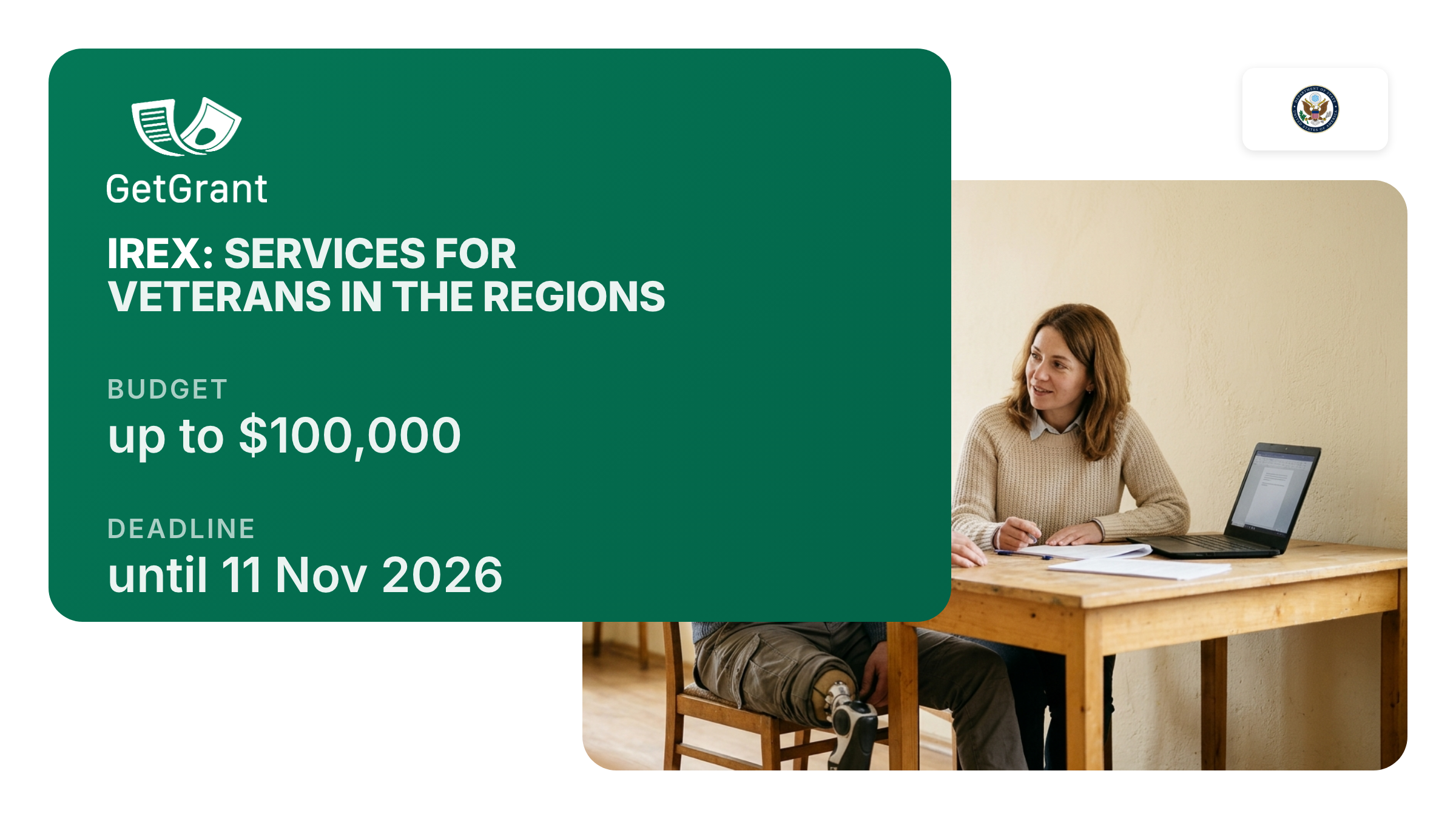 IREX: grants of up to $100,000 for NGOs providing services to veterans in six oblasts of Ukraine, no co-funding required, apply by 11 November