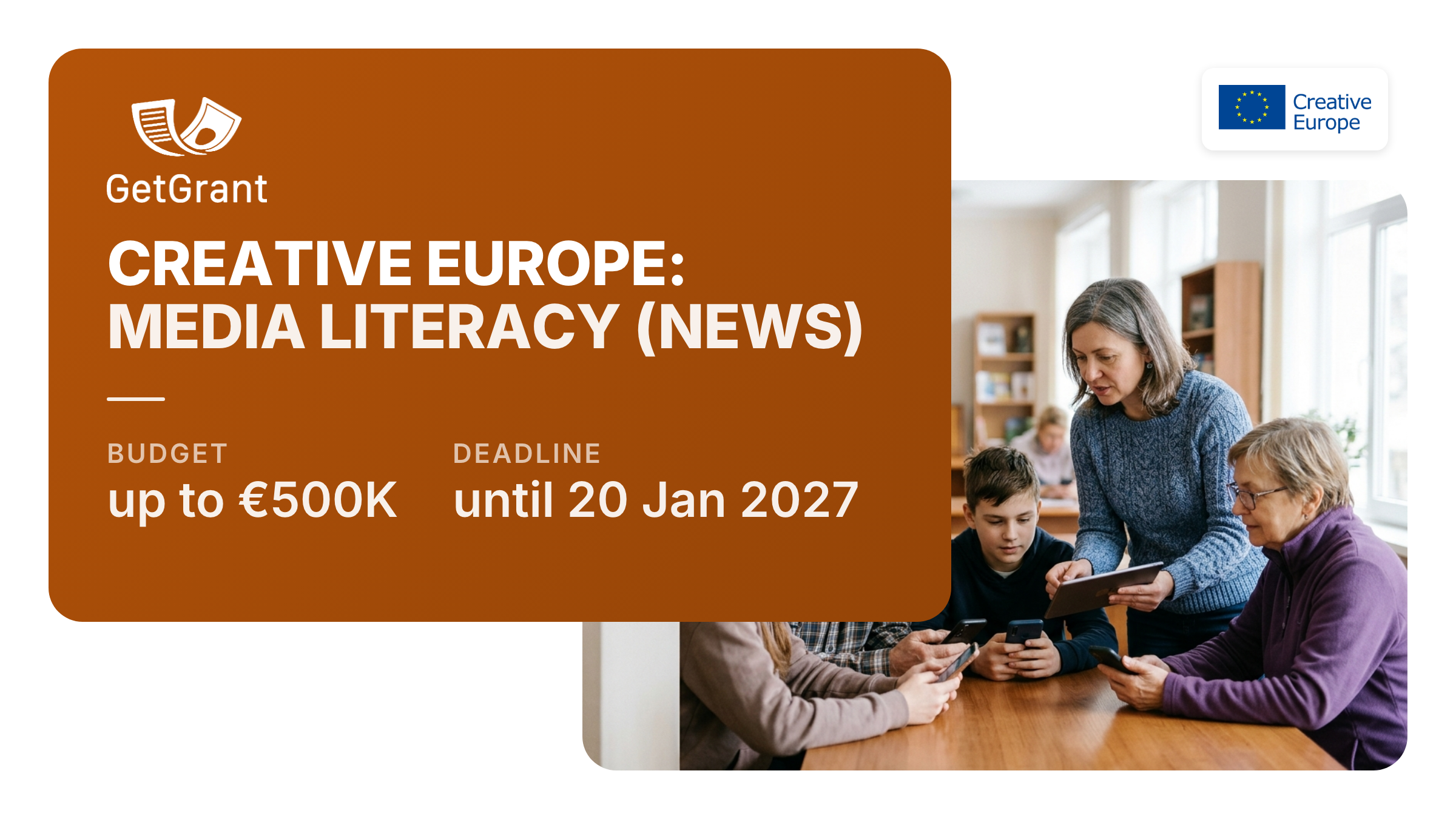 Creative Europe NEWS Media Literacy: up to €500,000 for international media literacy and anti-disinformation projects, Ukraine eligible, apply by 20 January 2027